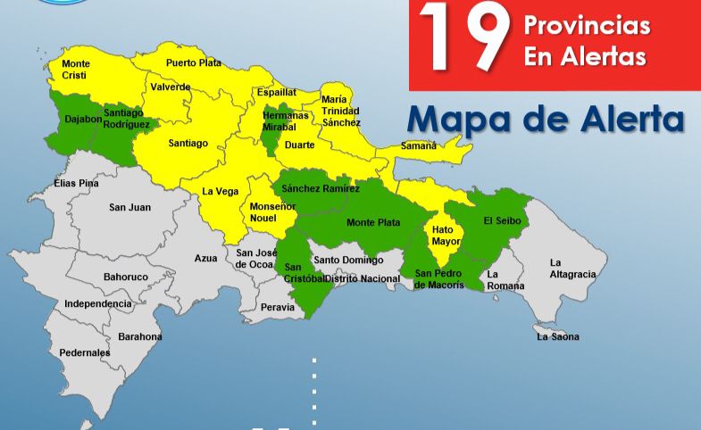 COE mantiene 11 provincias en alerta amarilla y 8 en alerta verde