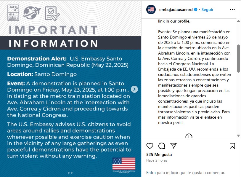 US Embassy urges its citizens to avoid demonstration zones this Friday in Santo Domingo | 2 | US Embassy urges its citizens to avoid demonstration zones this Friday in Santo Domingo | De Último Minuto English