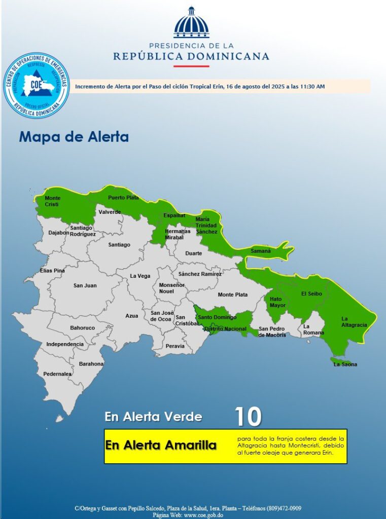 COE: Yellow alert for coastal strip and 10 provinces in green due to Hurricane Erin | De Último Minuto English