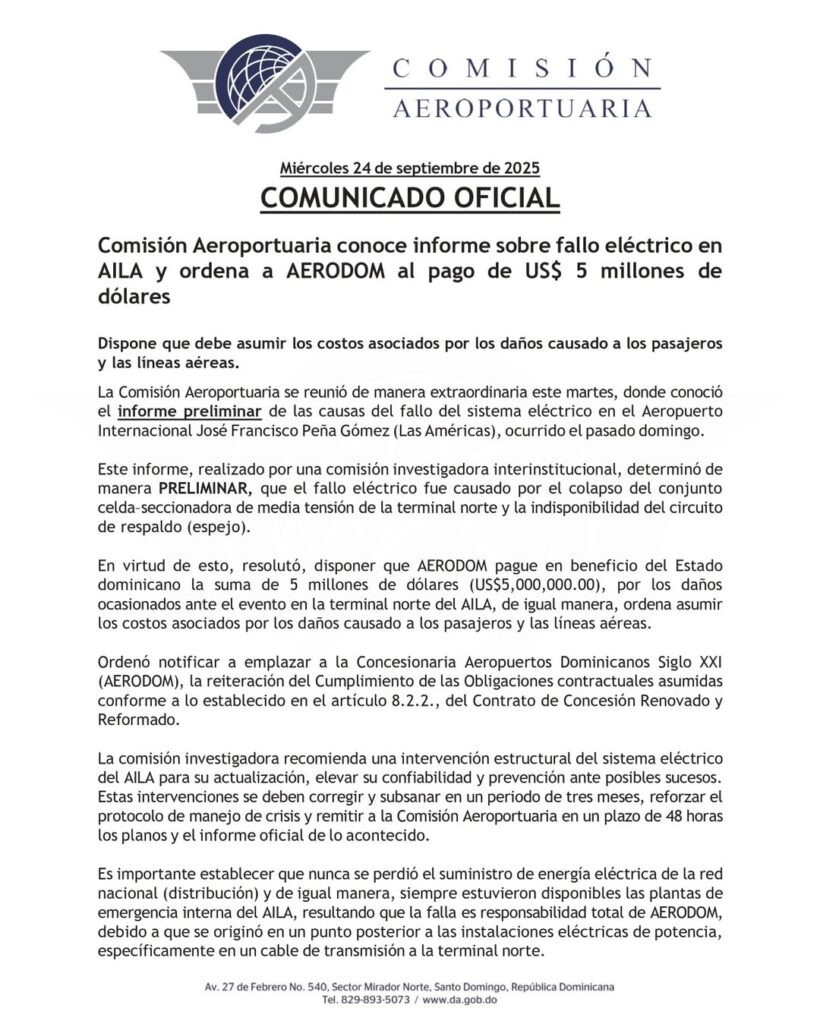 Airport Commission orders Aerodom to pay US$ 5 million for electrical failure at AILA | De Último Minuto English