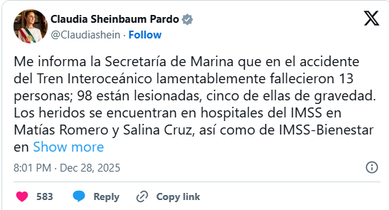 Interoceanic train derailment in Oaxaca, Mexico, leaves 13 dead and 98 injured | De Último Minuto English