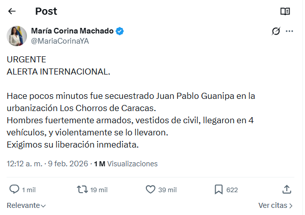 María Corina reports that "armed men" took Juan Pablo Guanipa after he was released from prison | 2 | María Corina reports that "armed men" took Juan Pablo Guanipa after he was released from prison | De Último Minuto English