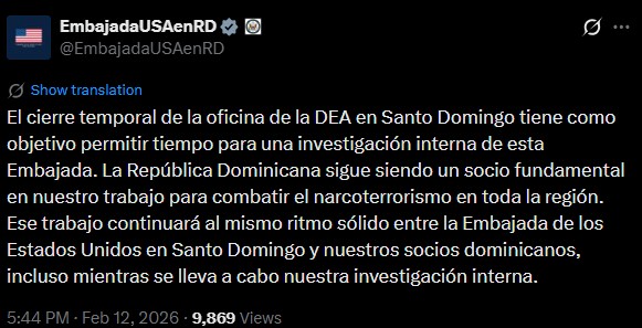 U.S. Embassy clarifies DEA closure in DR is temporary due to internal investigation | 2 | U.S. Embassy clarifies DEA closure in DR is temporary due to internal investigation | De Último Minuto English