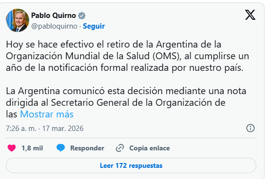 El Gobierno de Milei formaliza la salida de Argentina de la Organización Mundial de la Salud - Noticias de hoy en República Dominicana | De Último Minuto