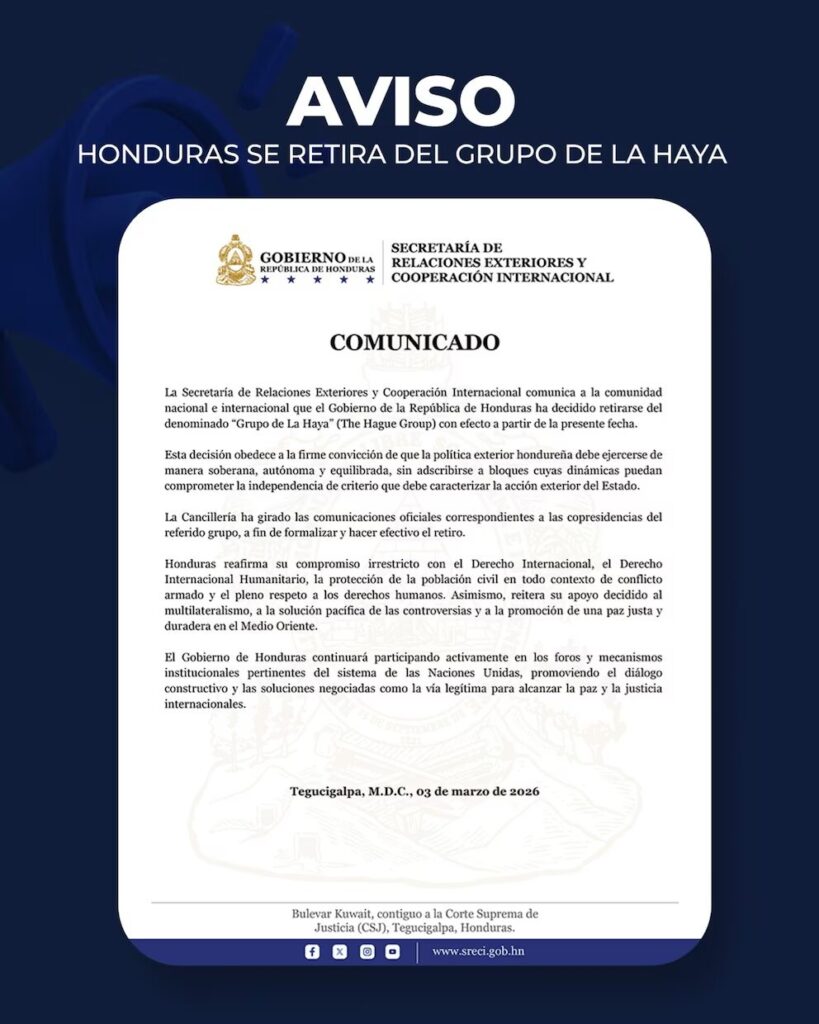 Government of Honduras announces its immediate withdrawal from the Hague Group | 2 | Government of Honduras announces its immediate withdrawal from the Hague Group | De Último Minuto English